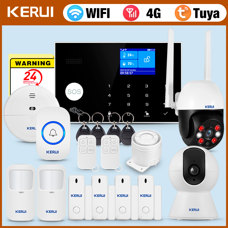 Home Security Ring System - KERUI 4Gアラーム、ドアベルリングボタン付きホームアラームシステムセキュリティ、Alexa、Tuyaスマートアプリ対応、ペットモーションセンサーG34付き