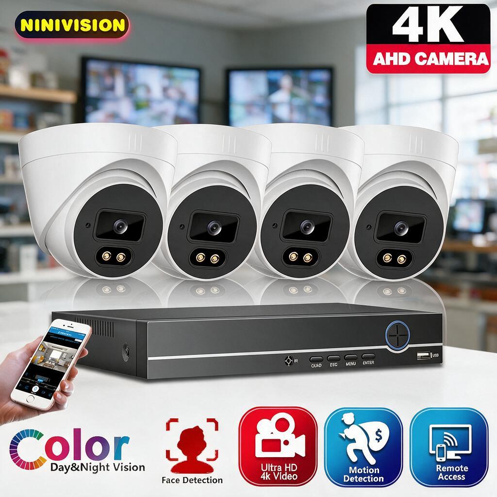Home Security Video Systems - 4チャンネル4K AHDドーム型カメラセキュリティシステムキット。屋内用、カラー暗視機能付き、天井設置型、ビデオ監視システムキット。