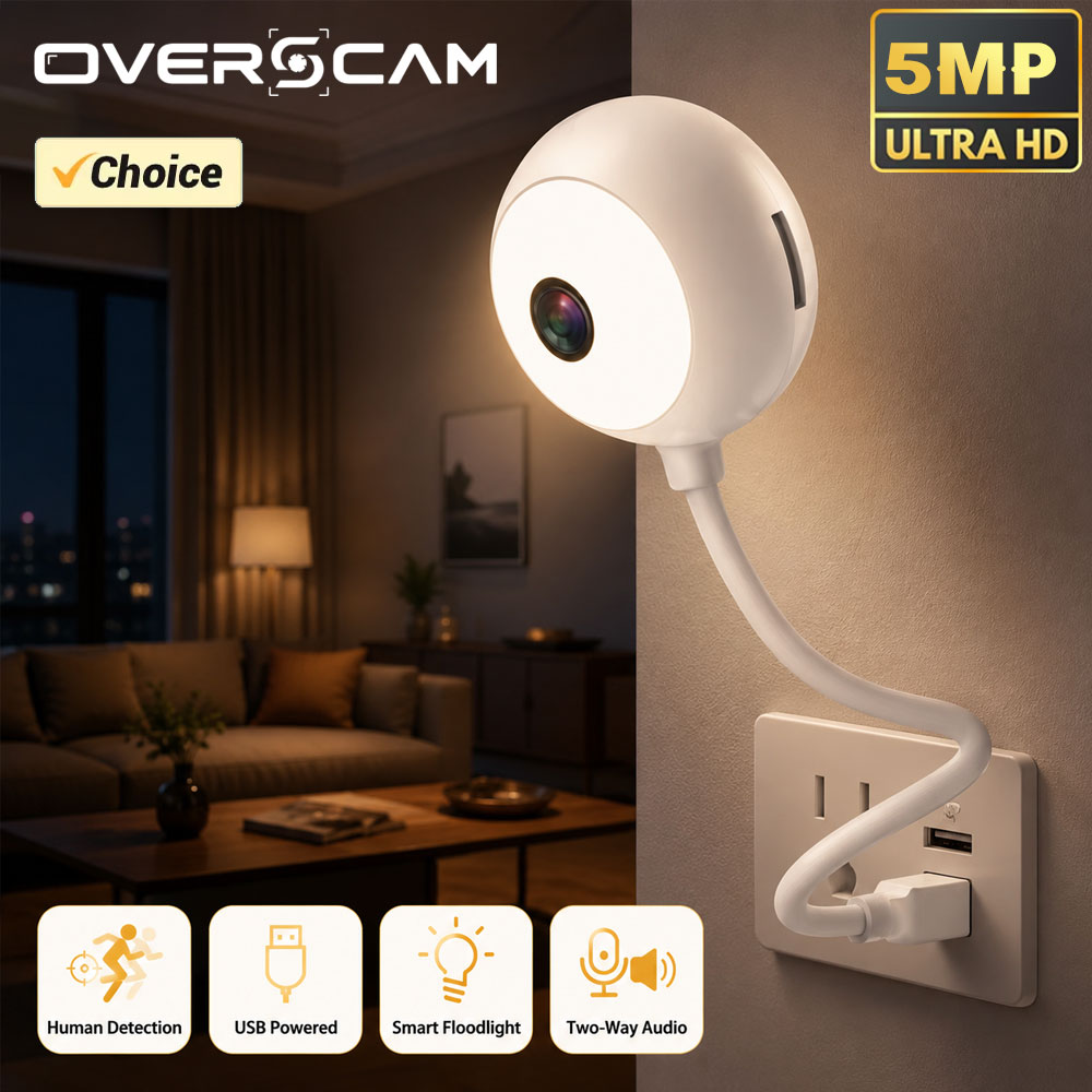 Home Security Flood Lights - 5MPミニWiFi USBプラグインIPカメラ人感検知投光器双方向音声InstaVisionアプリ遠隔操作屋内ホームセキュリティモニター
