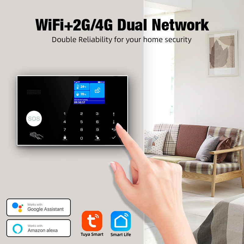 Home Security Ring System - KERUI 4Gアラーム、ドアベルリングボタン付きホームアラームシステムセキュリティ、Alexa、Tuyaスマートアプリ対応、ペット防止モーションセンサーG34搭載