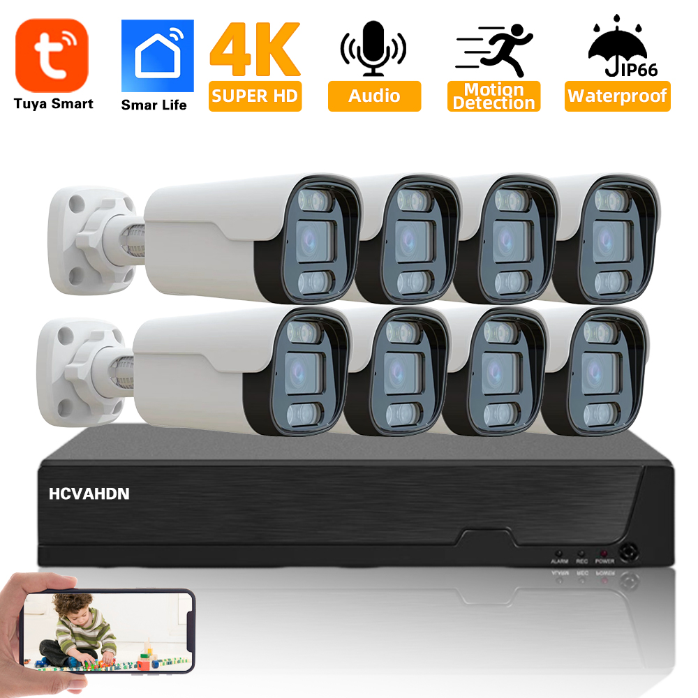 Ip Camera Outdoor 4K - 屋外セキュリティカメラキット,4k,8ch,poe,nvr,オーディオ録音,人間検出,弾丸IPカメラ,ビデオ監視,スマートライフシステム,Tuya