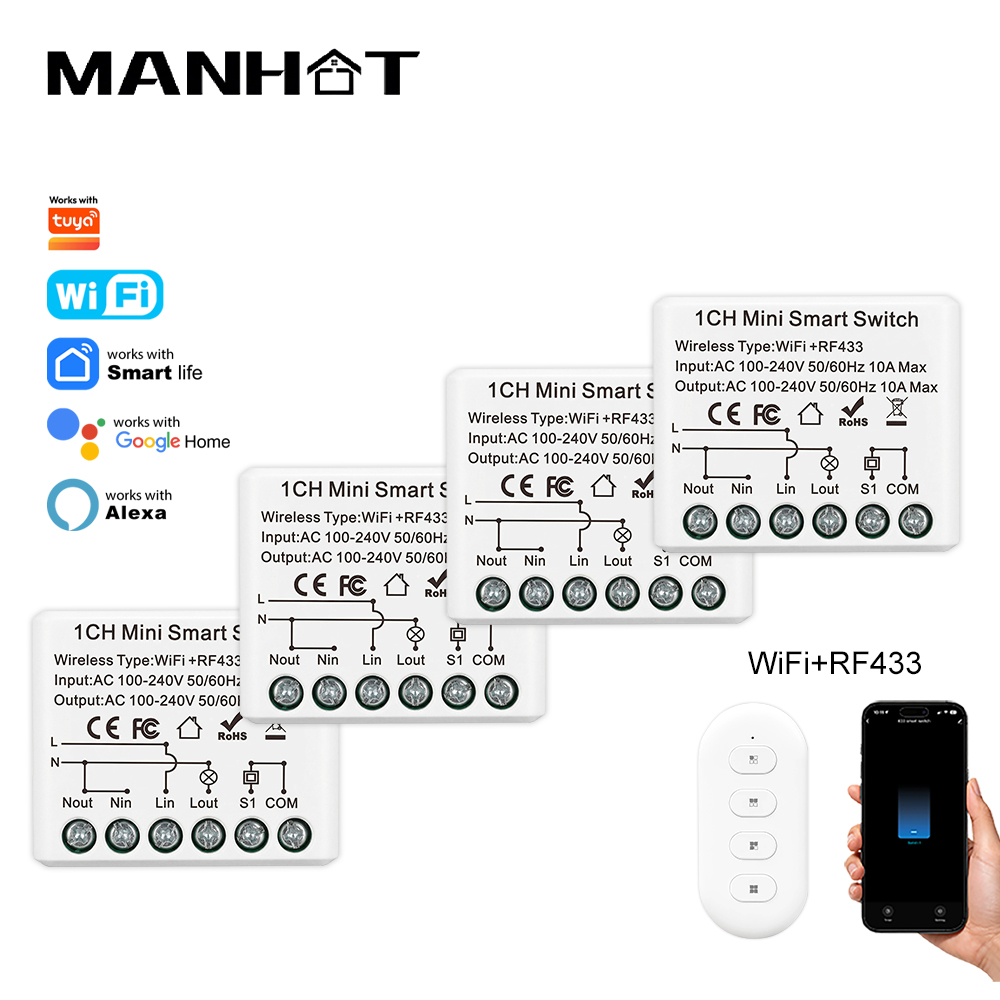 Home Security Alexa - 10A ミニ WIFI スマートスイッチ RF433Mhz ワイヤレスリモコンライトリレーブレーカー音声制御ホームオートメーションワーク