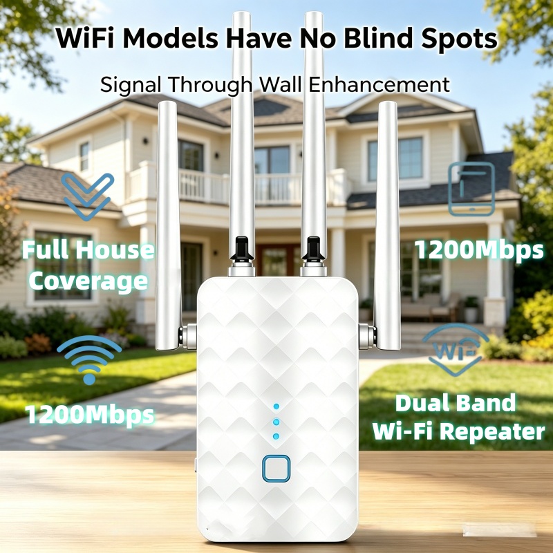 Home Security And Internet - 1200Mbps WiFiリピーター ワイヤレス 2.4G/5GHz デュアルバンド Wi-Fi信号拡張アンプ