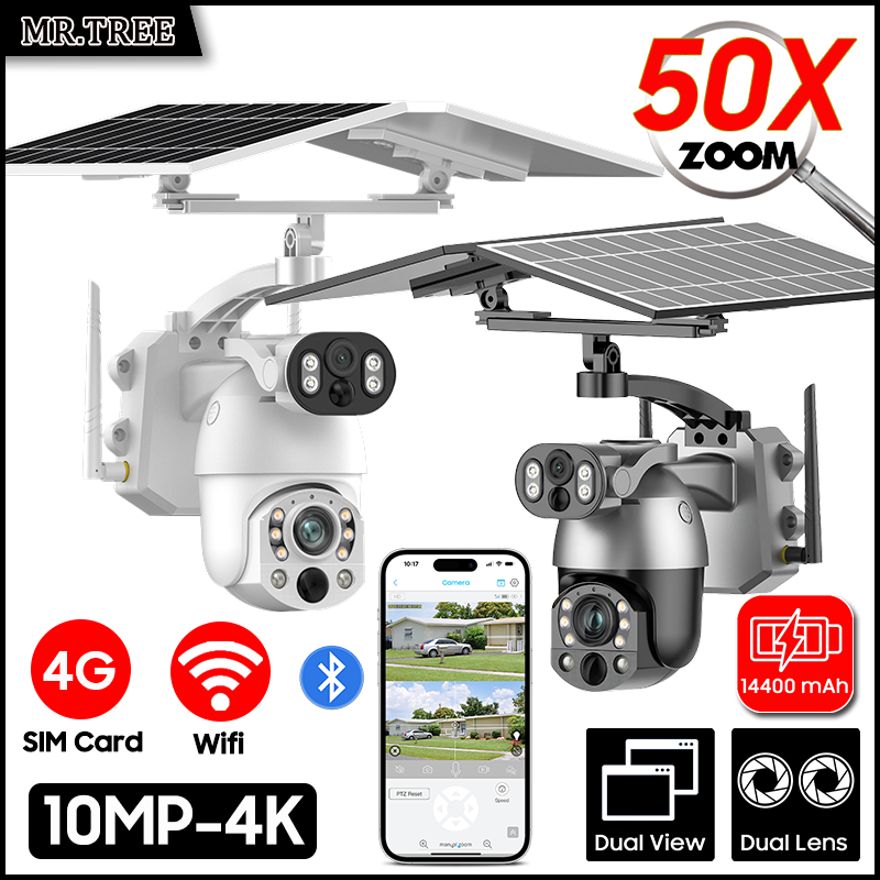 Ip Camera Outdoor 4K - デュアルレンズ付きソーラーカメラ,4G SIMカード,PTZ監視,wifi,屋外セキュリティ,ヒューマノイド追跡,IP cctvカメラ,4K, 50倍光学ズーム,10mp